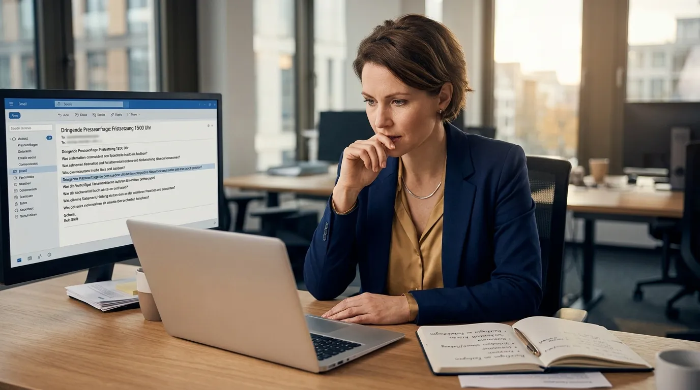 Kommunikationsverantwortliche prüft am Laptop eine kritische Presseanfrage mit Frist, daneben Notizen mit Fragen und vorläufiger Stellungnahme