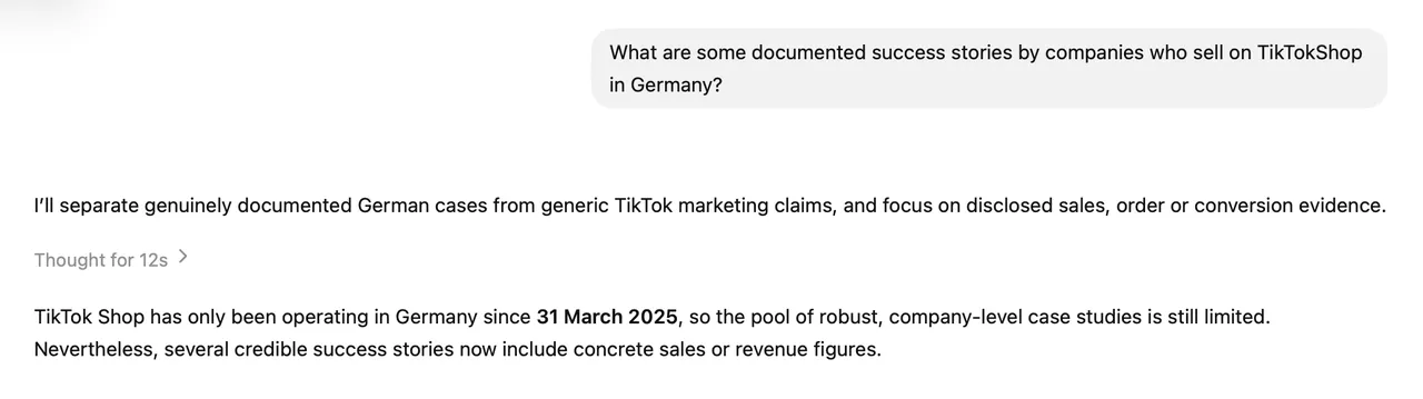 Screenshot: Frage an ChatGPT nach Erfolgsgeschichten von Unternehmen bei TikTok Shop