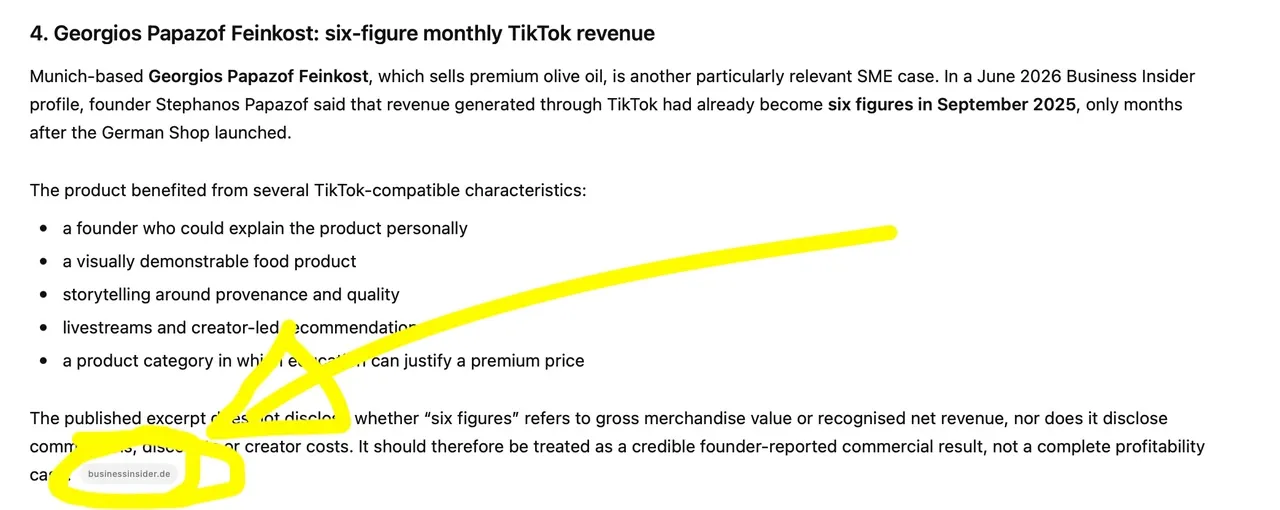 Screenshot: Antwort von ChatGPT mit Zitat aus einem Artikel bei Business Insider